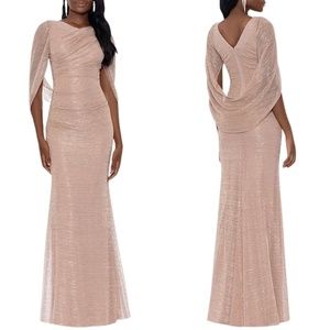 NEW Betsy & Adam Metallic Cape Drape Back Gown in Champagne Sz. 8 NWOT